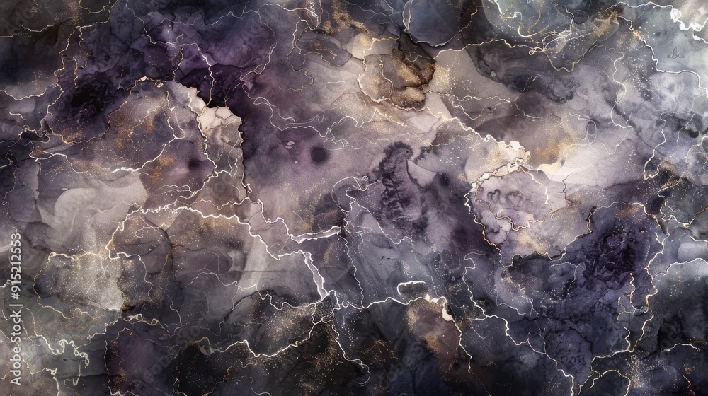 Poster a close-up abstract image of swirling purple and gold marble with white veins. the image creates a d