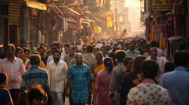 Busy Indian Street Market with Crowds of People During Evening Rush Hour