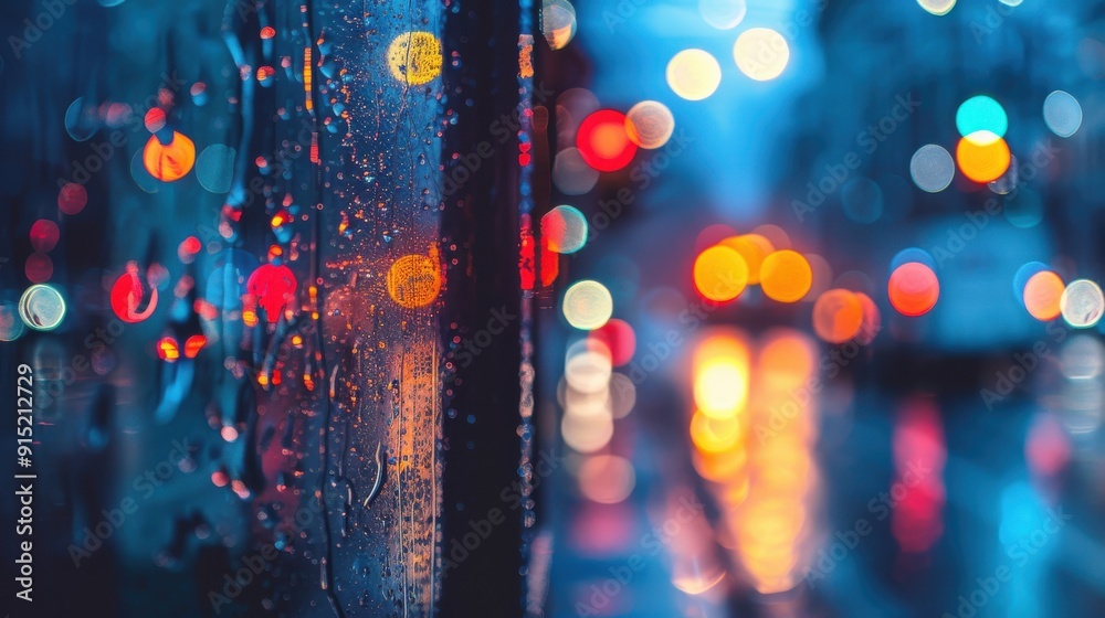 Poster a close-up view of raindrops on a window pane, with blurred, colorful lights from the city streets i