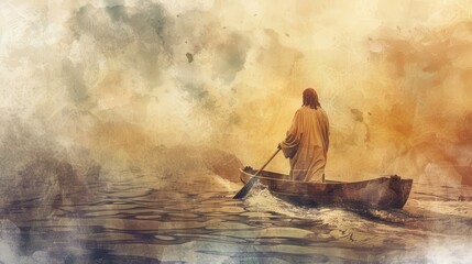 Biblical Illustration of Jesus Calming the Storm, Watercolor Art, Faith and Miracles, Beige Background, copyspace