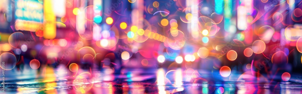 Poster a wet city street is illuminated by a vibrant array of colorful lights, reflecting off the puddles i