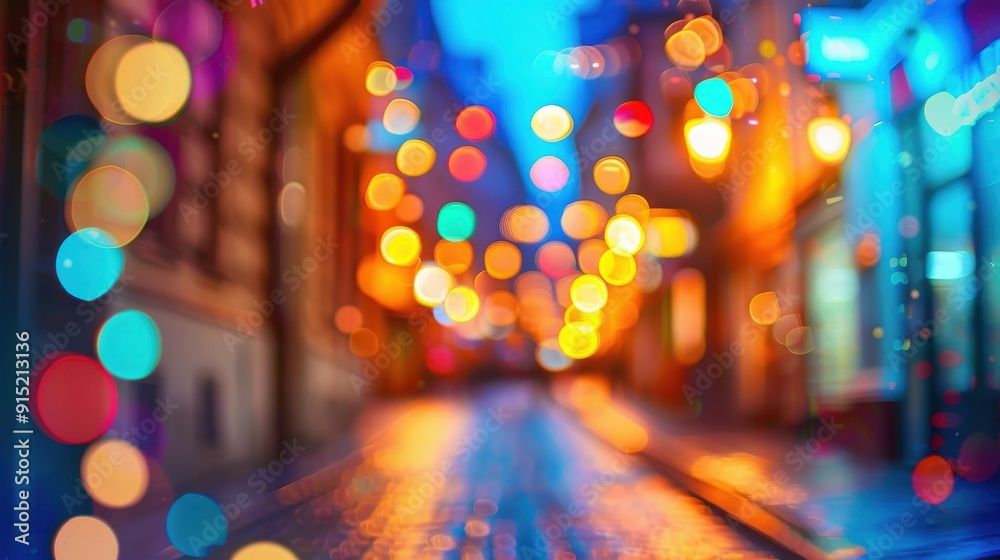 Poster a nighttime view of a city street, illuminated with colorful string lights, creating a beautiful bok