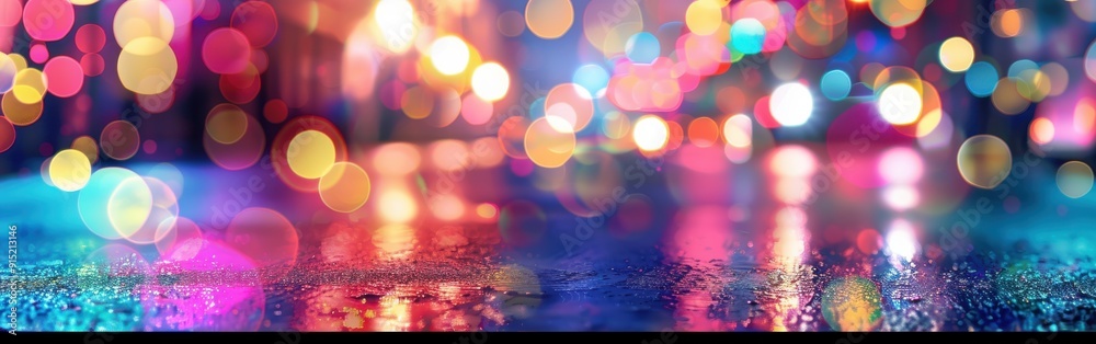 Aufkleber a view of a city street at night, with bright, colorful bokeh lights reflecting on a wet pavement. t