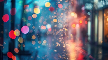 The image shows a blurred view of city lights at night. The lights appear as colorful bokeh circles against a dark blue background. The scene is likely taken from a window or a moving vehicle, creatin