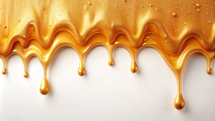 Glistening, golden, sweet, and smooth caramel drips and splatters on a crisp, clean, and minimalist white background, showcasing texture and movement.