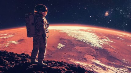 Obraz premium An astronaut standing on the surface of Mars, gazing at Earth in space