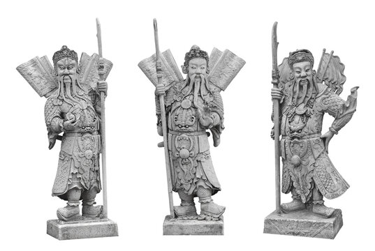 Chinese warrior stone sculpture isolated on white background. Public domain sculpture at Wat Pho, Thailand, Made by Chinese craftsman during 1824-1851.
