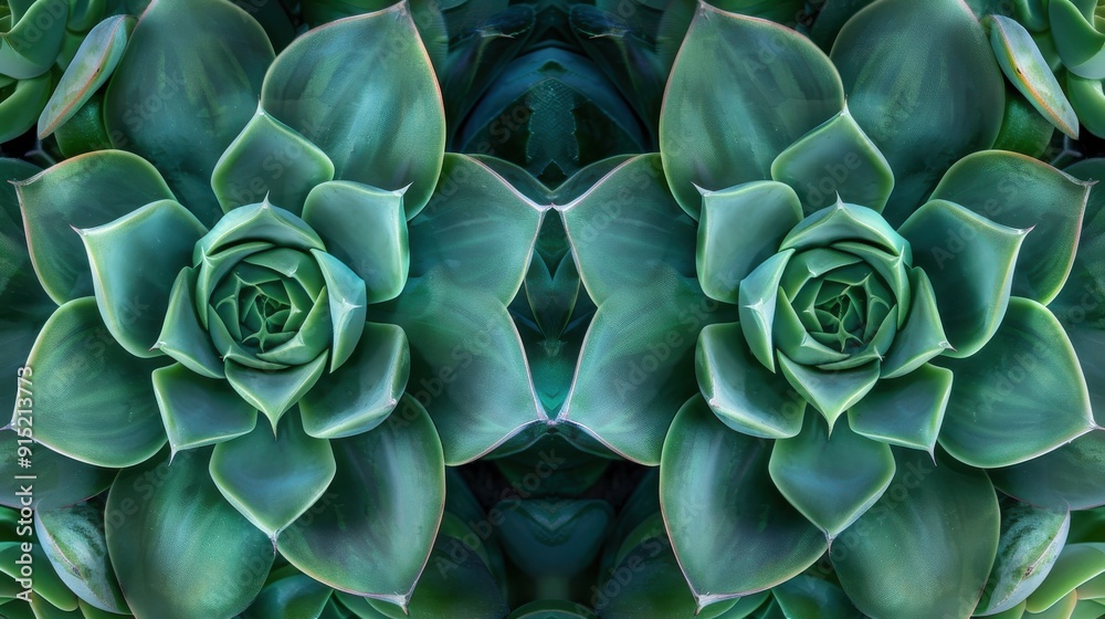 Poster two symmetrical green succulents are shown in close-up, with their overlapping leaves creating a vis