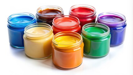 Variety of Paint Colors in Glass Jars on Clean White Background