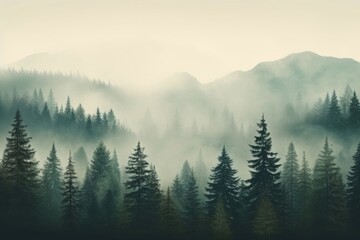 Misty landscape with fir forest mist outdoors woodland.
