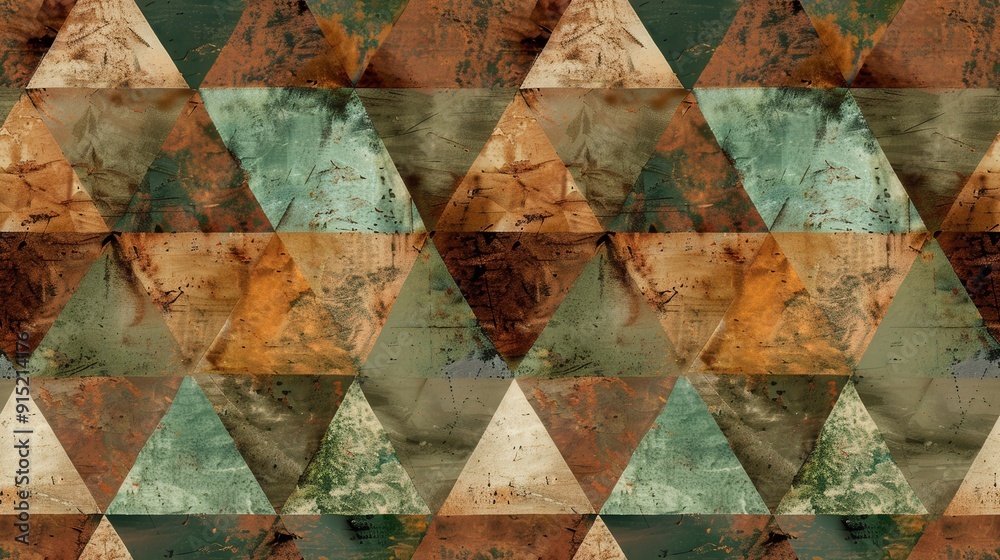 Poster an abstract artwork with a repeating pattern of triangles in shades of green, brown, and orange. the