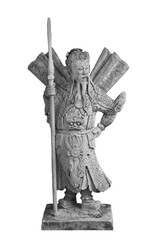 Fototapeta premium Chinese warrior stone sculpture isolated on white background. Public domain sculpture at Wat Pho, Thailand, Made by Chinese craftsman during 1824-1851.