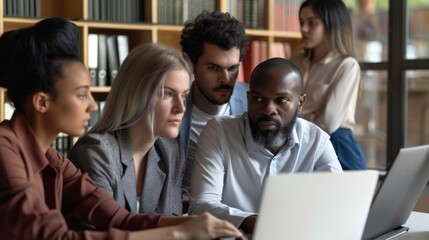 Fototapeta premium A group of people are sitting around a table looking at a laptop