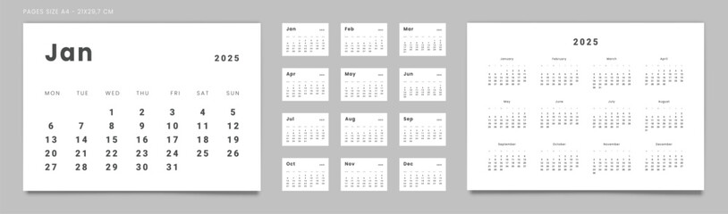 Set of 2025 Pages Monthly Calendar Planner Templates and annual in minimal style. Vector pages for wall or desk minimalist calendar with week starting on Monday for printing. Pages size A4-21x29.7cm