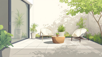 Fototapeta premium A modern outdoor patio featuring sleek furniture, surrounded by greenery and bathed in natural sunlight, creating a serene and comfortable environment perfect for relaxation.