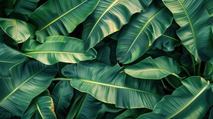 A close-up image showcasing a vibrant green tropical forest, focusing on the intricate textures and patterns of large, overlapping leaves. The rich green hues create a sense of tranquility and natural