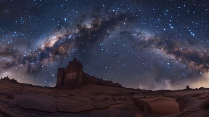 The vast expanse of space, with the Milky Way galaxy in view and distant stars illuminating an alien landscape on Earth's moon