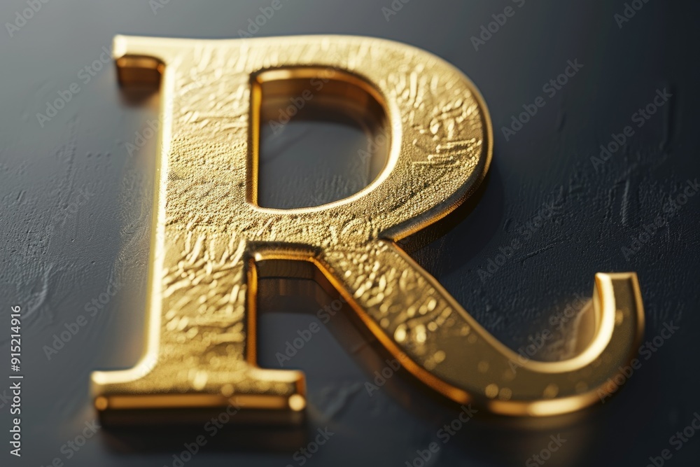 Poster a close-up shot of a golden letter r on a black background, suitable for use in designs related to l