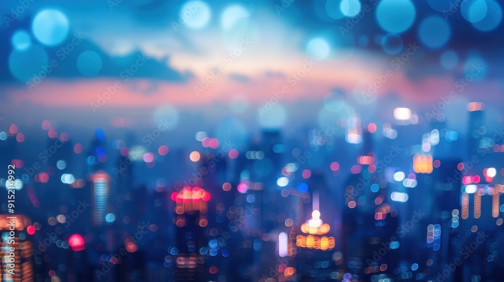 Poster the image shows a blurred cityscape at dusk with bokeh lights. the sky is a soft pink and blue, with
