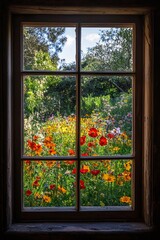 A window in a small artist's cottage, showing a colorful, wildflower garden. 