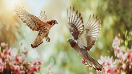 Obraz premium Hawk and Pigeon in Flight.