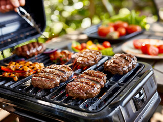 Naklejka premium Grilling juicy beef patties and vegetables on an outdoor barbecue