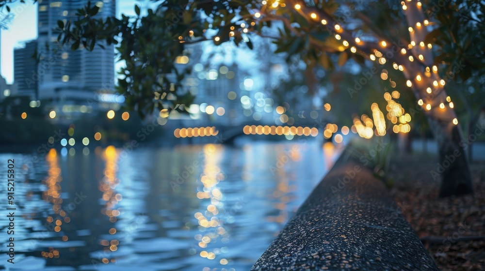 Poster A view of a city skyline at dusk, with lights reflecting on the water. A tree with string lights hangs over the scene.