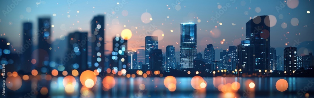 Poster a nighttime cityscape with tall buildings illuminated by streetlights and city lights, creating a bo