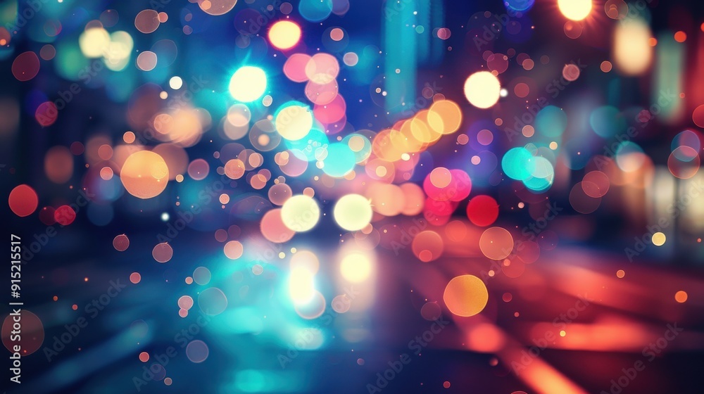 Poster a blurry, out-of-focus image of a city street at night, with bright and colorful bokeh lights shinin