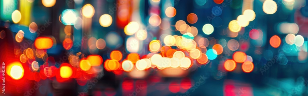 Poster a close-up image of colorful, blurred city lights at night. the lights create a warm and inviting at
