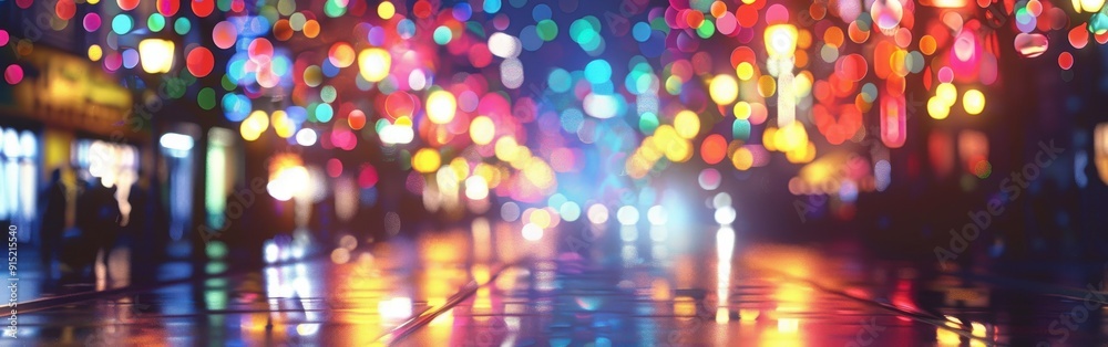 Poster a blurry image of a city street at night, with colorful string lights strung overhead, reflecting in