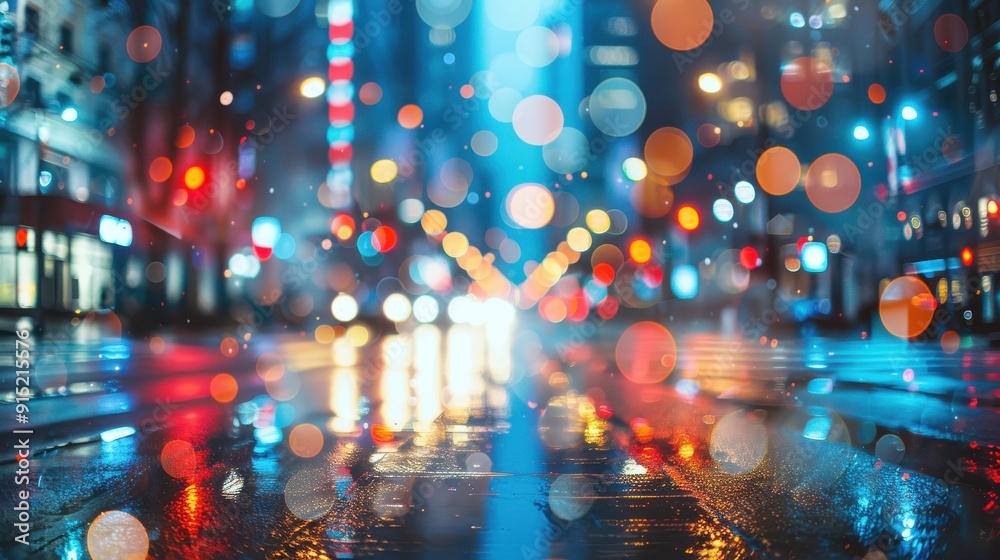 Poster a city street at night, with wet pavement reflecting the colorful bokeh of street lights. the lights