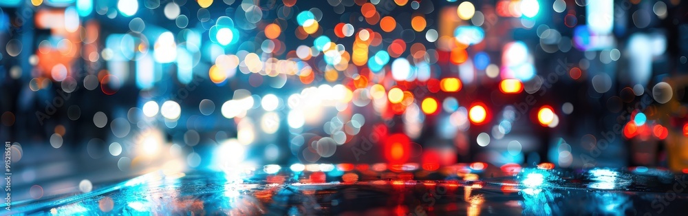 Aufkleber a close-up view of a wet street in a city at night. the street is illuminated by the blurred lights 