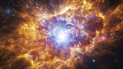 A giant nebula of the surface dust and gas that is glowing in blue, orange, purple colors resembling an exploding sta
