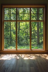 Fototapeta premium A window in a tranquil yoga studio, offering a view of a serene forest. 