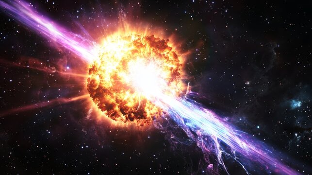 A giant nebula of the surface dust and gas that is glowing in blue, orange, purple colors resembling an exploding sta