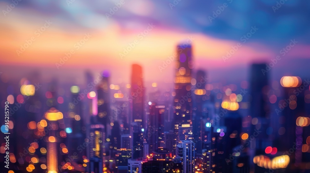 Poster a blurred cityscape at sunset, with tall buildings silhouetted against a vibrant sky. the city light