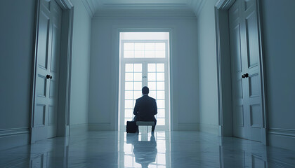 Man with briefcase waiting for job interview indoors