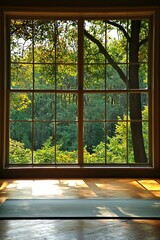 A window in a tranquil yoga studio, offering a view of a serene forest. 