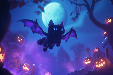 Black cat with wings flying under spooky Halloween moon.