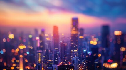Obraz premium A blurred cityscape at sunset, with tall buildings silhouetted against a vibrant sky. The city lights are visible in the foreground, creating a warm and inviting atmosphere. The image captures the bea
