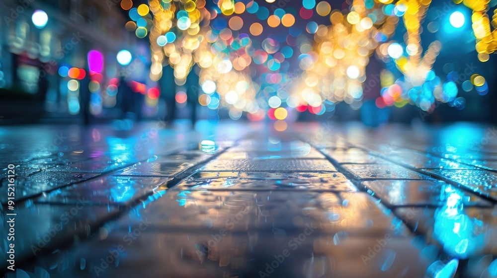 Poster a close-up of wet pavement with blurred lights from a nearby city street reflecting in the puddles. 