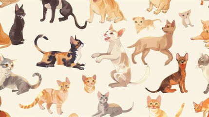 Naklejka premium Various illustrated cats and dogs are playfully arranged on a soft, light-colored background