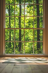 A window in a tranquil yoga studio, offering a view of a serene forest. 