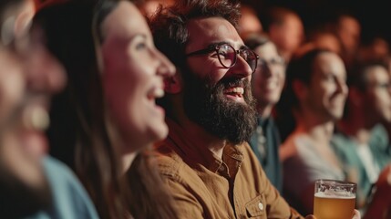 Obraz premium A group of friends, including a man with a beard, sit in a crowded venue and laugh together while enjoying a comedy performance