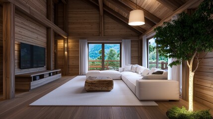 Fototapeta premium A Cozy Modern Cabin Living Room Overlooking a Mountain View with Wooden Interior Design
