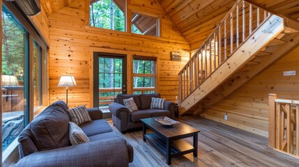 Beautiful Cozy Wooden Cabin Living Room with Abundant Natural Light and Forest View Through Windows