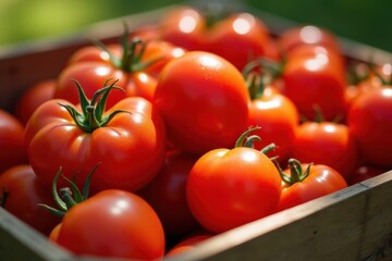 Tomatoes in wooden crates. Generative AI