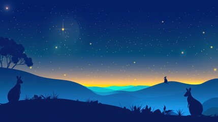 Silhouettes of Kangaroos under a Starry Sky.
