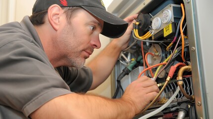 Repairman working on a refrigerator compressor, using specialized tools to diagnose and fix the issue. The image highlights the technical challenges of maintaining home appliances